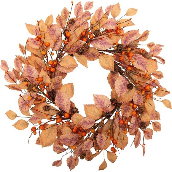 18 Inch Artificial Fall Leaves Wreath with Cape Gooseberries and Berries